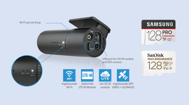 De BlackVue DR590X-2CH Dashcam met 2 geheugenkaarten, 1 micro SD kaart van Samsung. En de ander van SanDisk. Beiden zijn geschikt.